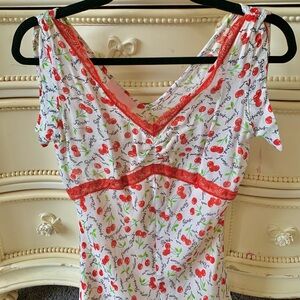Vintage Maje Paris Cherry Fruit Print Red Lace Milkmaid Dress